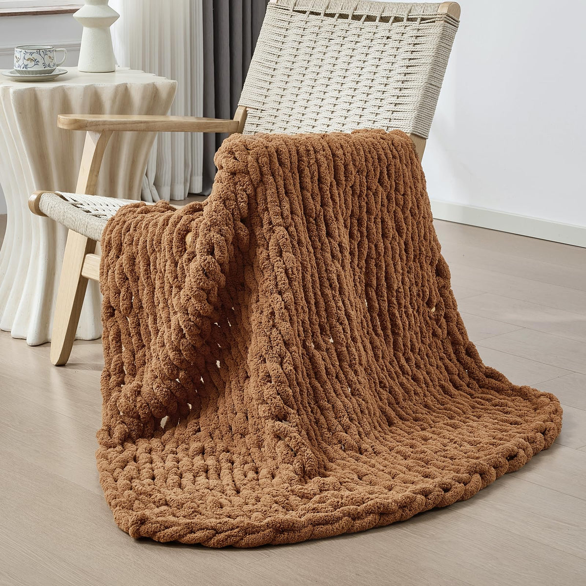 Bigacogo Chunky Knit Throw Blanket for Couch, 40x60 inches, Beige