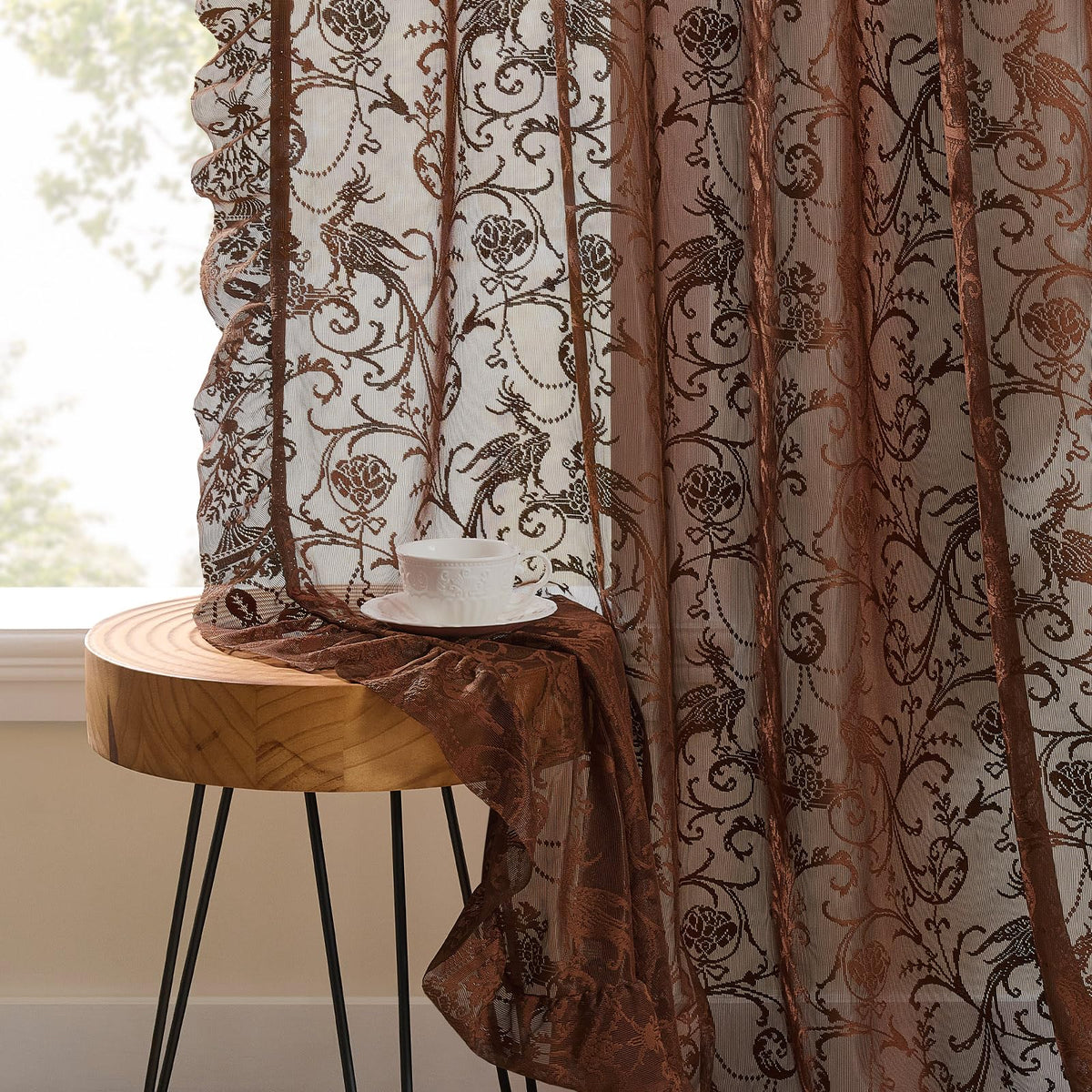 TUDECO Lace Maroon Curtains 96 Inches Long 1 Pair - French Floral Sheer Burgundy Curtains for Living Room, Art Decor Rod Pocket Ruffled Edges Dark Wine Red Drapes, 59 x 96 Inch, Burgundy