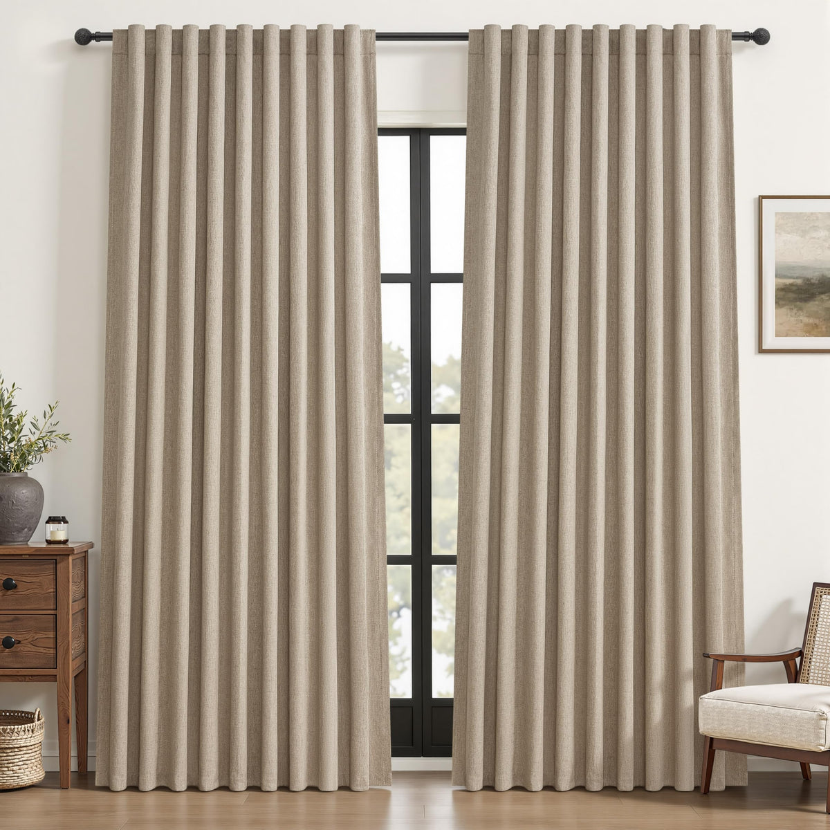 100% Blackout Curtains 84 Inch Length 2 Panels Set Farmhouse Style for Bedroom Windows/Living Room Thermal Insulated Neutral Boho Drapes Linen Blend Natural Ivory 7ft Long Hook Belt Pleated/Back Tab
