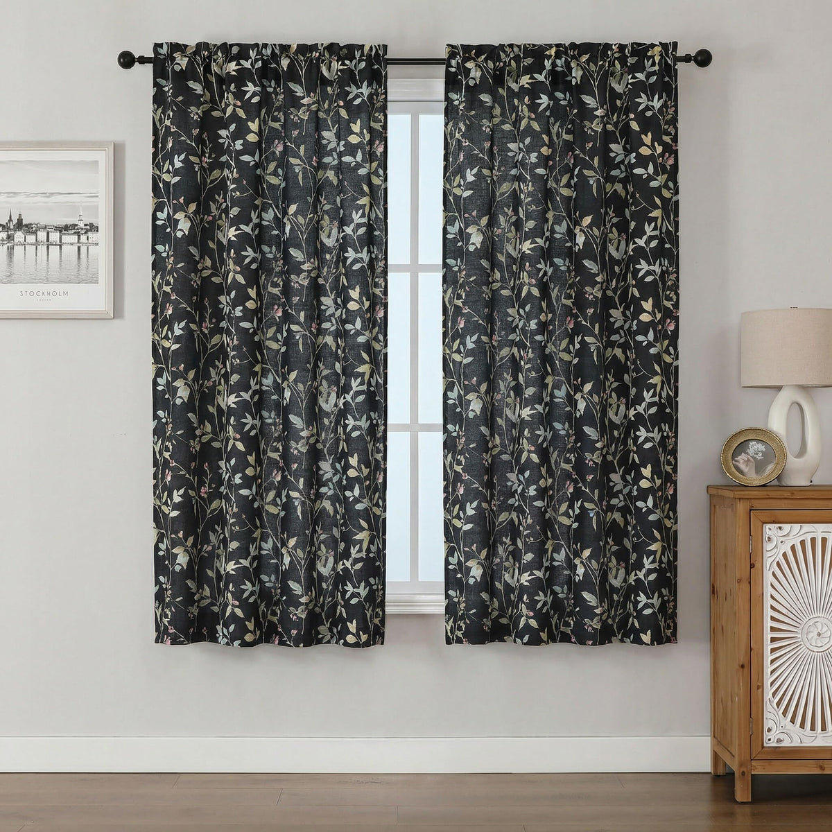 Chyhomenyc Roman Linen Blend Curtains 45 Inch Length 2 Panels, Light Filtering Soft Airy Leaf Floral Printed Rod Pocket Textured Window Treatment Drapes for Living Room Bedroom, 38Wx45L Inch, 2 PCS