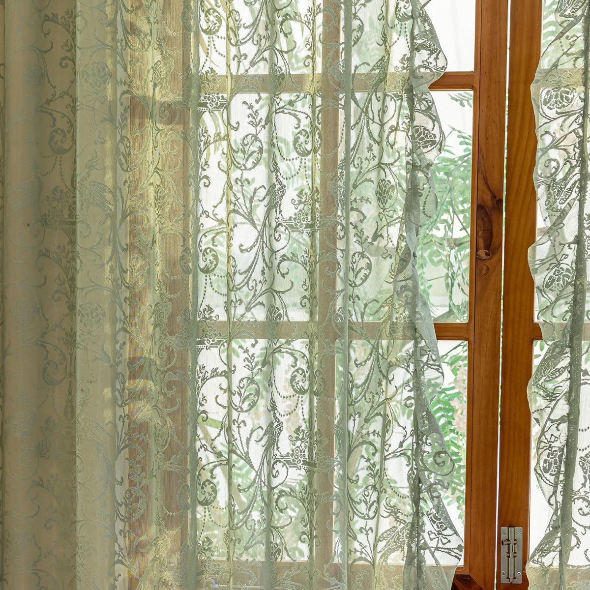 TUDECO Lace Maroon Curtains 96 Inches Long 1 Pair - French Floral Sheer Burgundy Curtains for Living Room, Art Decor Rod Pocket Ruffled Edges Dark Wine Red Drapes, 59 x 96 Inch, Burgundy