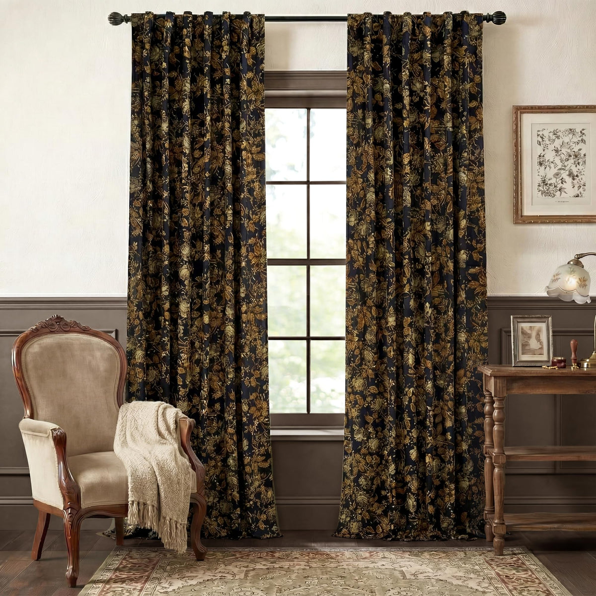 StangH Black Floral Vintage Curtains Luxury Velvet Drapes 96 Inch 2 Panels