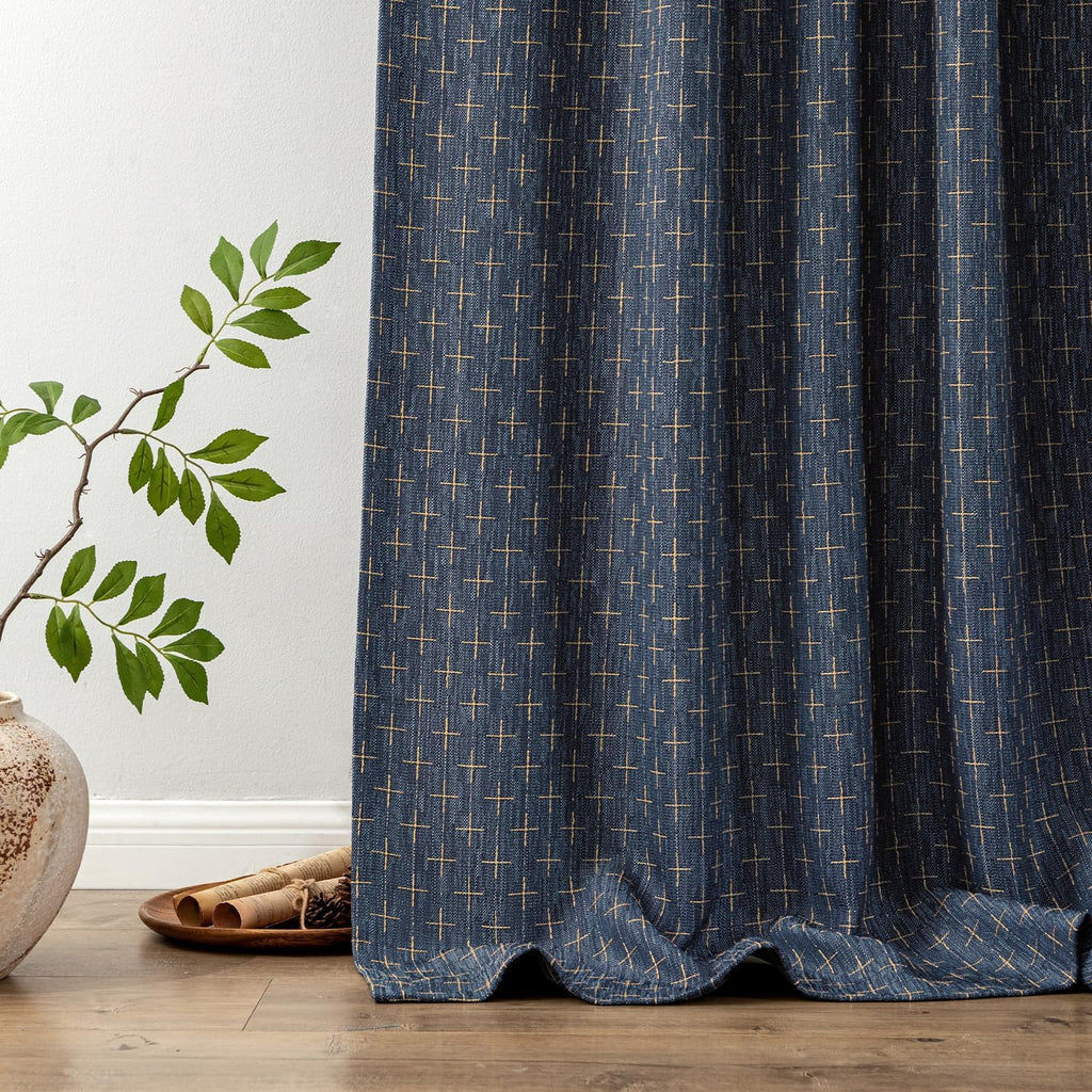 MIULEE Patterned Farmhouse Linen Curtains, Back Tab, 52Wx84L, Blue