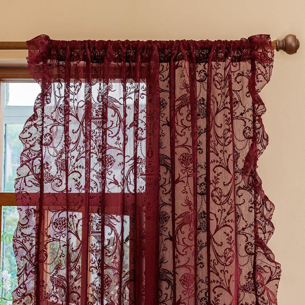 TUDECO Lace Maroon Curtains 96 Inches Long 1 Pair - French Floral Sheer Burgundy Curtains for Living Room, Art Decor Rod Pocket Ruffled Edges Dark Wine Red Drapes, 59 x 96 Inch, Burgundy