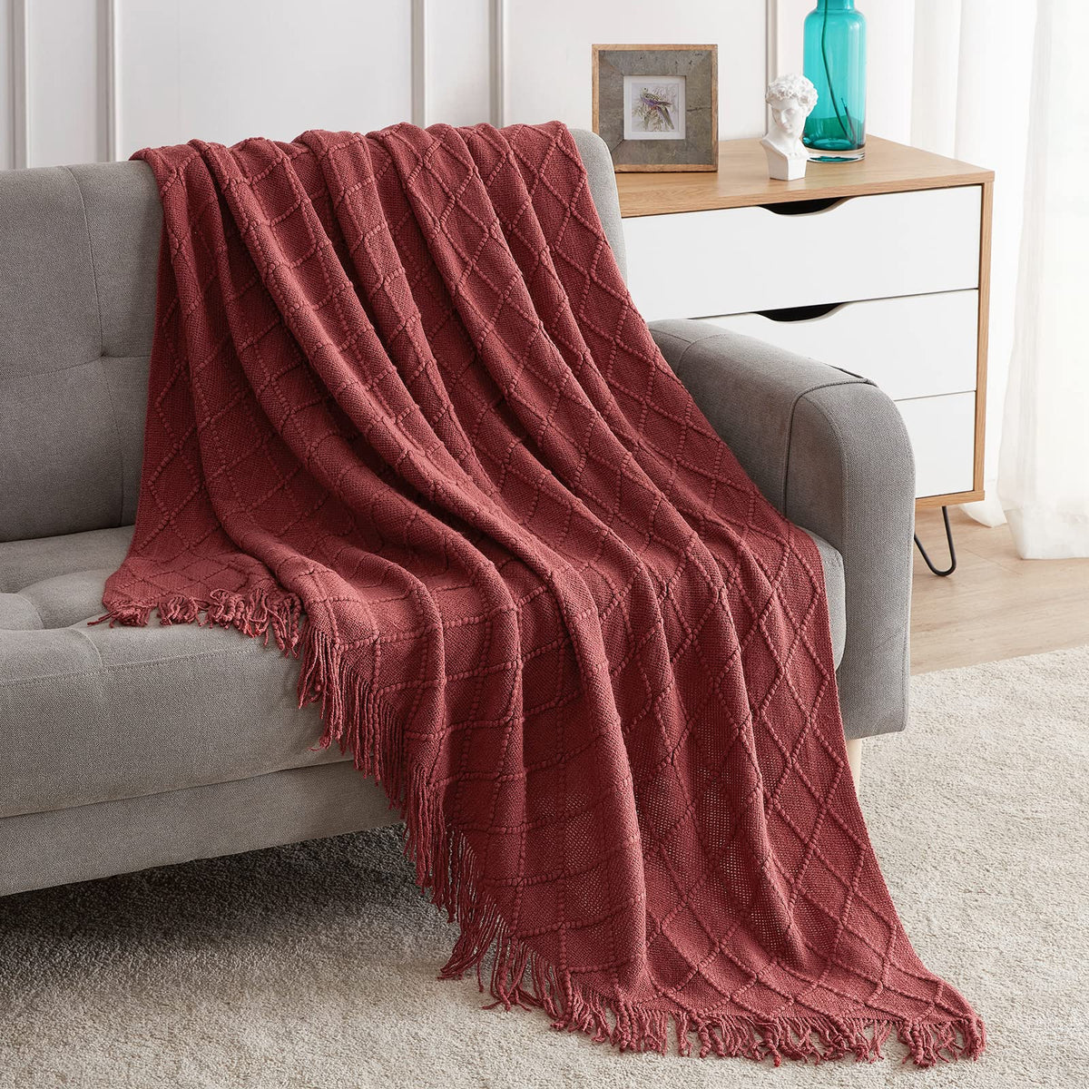BOURINA Beige Throw Blanket 50x60 Inch Boho Knitted Soft Throw Sofa Blanket