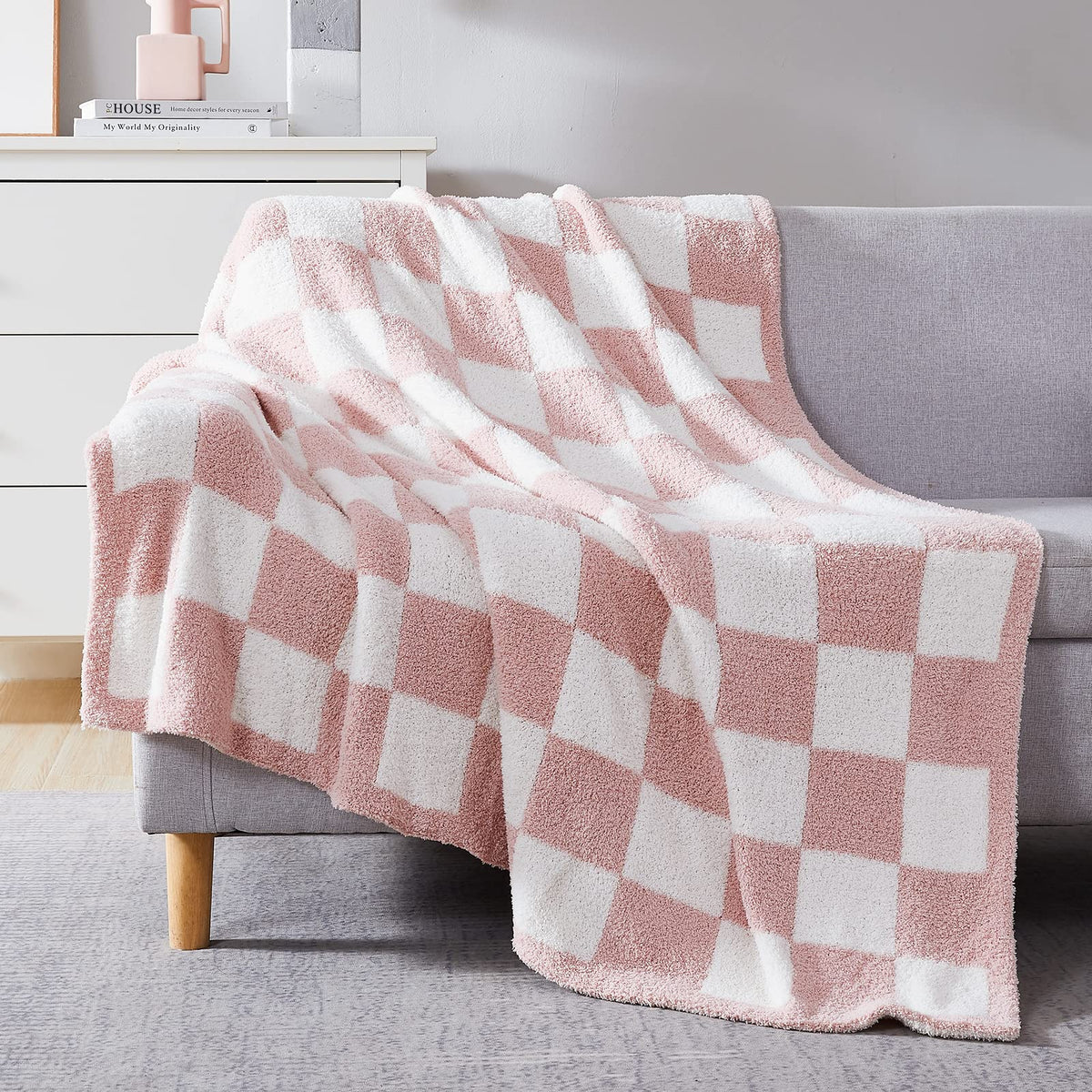 WRENSONGE Soft Checkered Throw Blanket for Couch-Cozy Warm Knitted Blankets