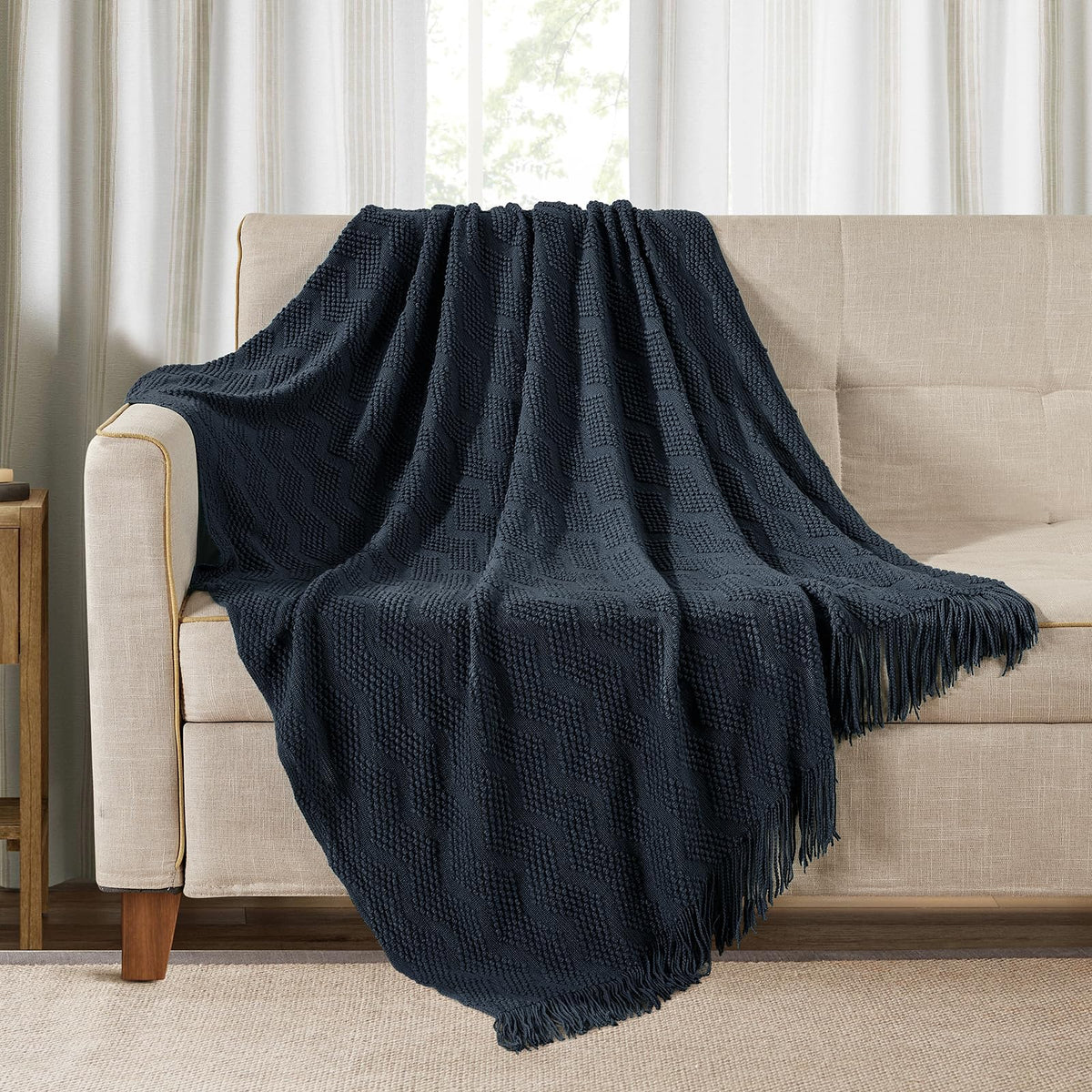 BOURINA Beige Throw Blanket 50x60 Inch Boho Knitted Soft Throw Sofa Blanket