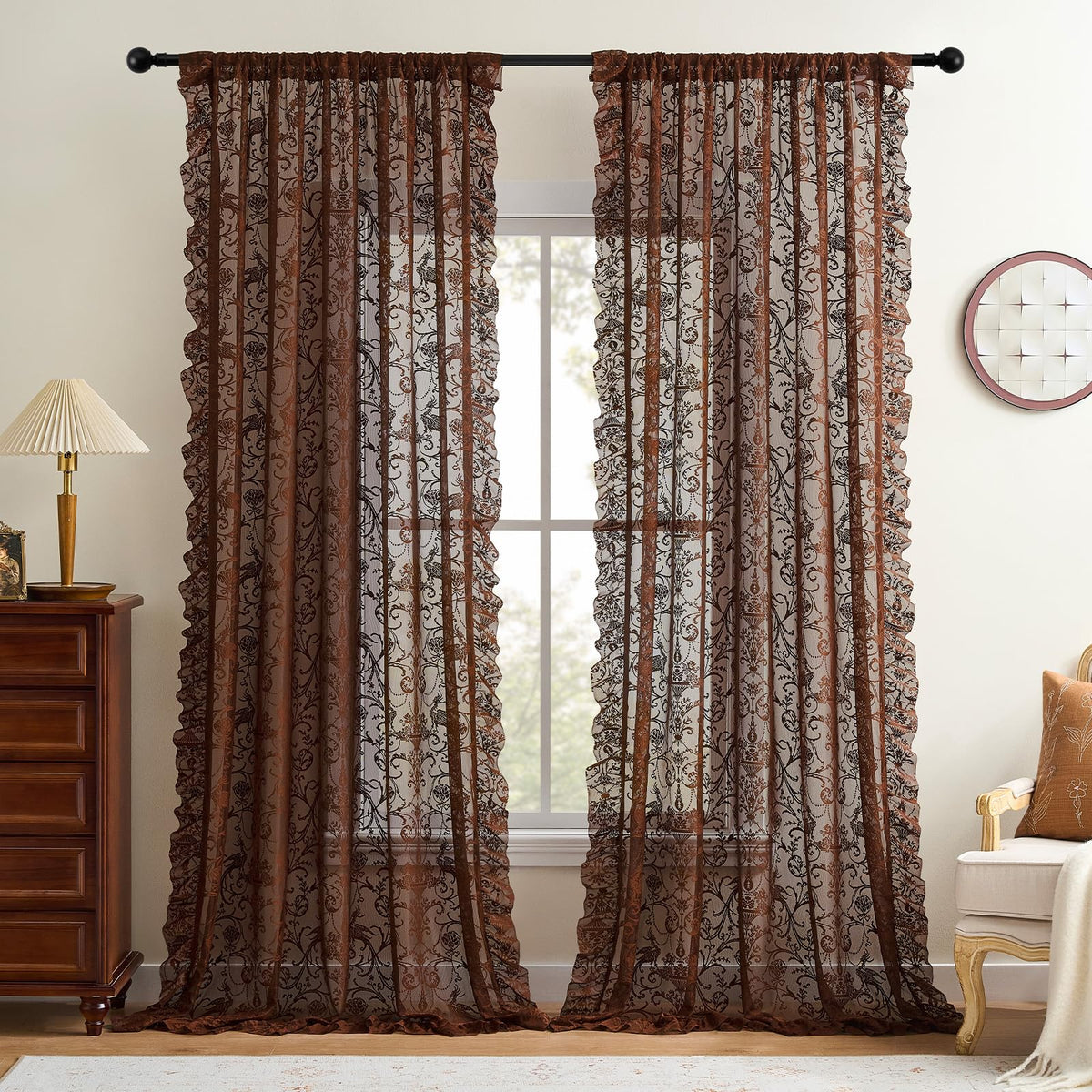 TUDECO Lace Maroon Curtains 96 Inches Long 1 Pair - French Floral Sheer Burgundy Curtains for Living Room, Art Decor Rod Pocket Ruffled Edges Dark Wine Red Drapes, 59 x 96 Inch, Burgundy