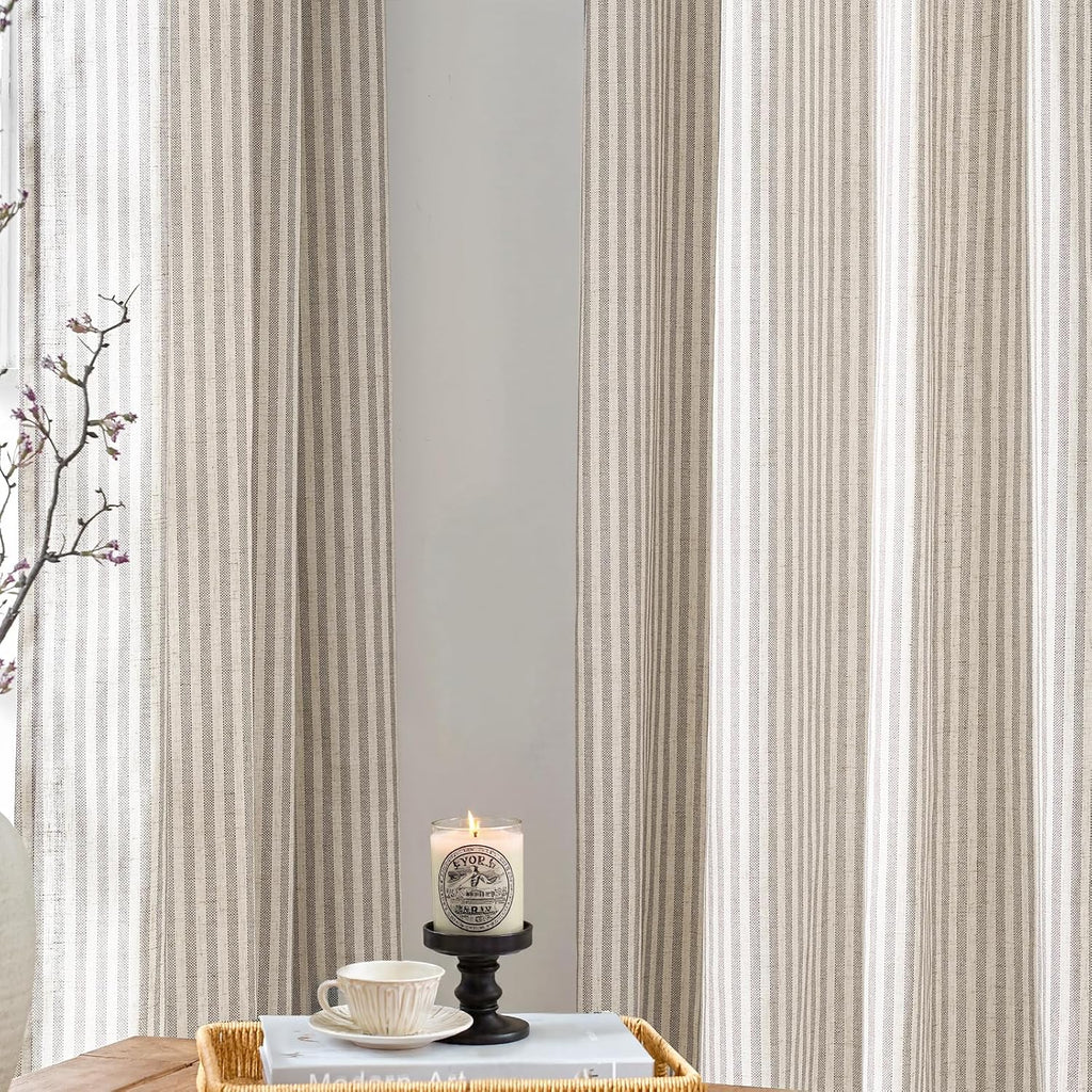 jinchan Linen Curtains 84 Inch Taupe Grey Stripe on Beige Grommet 2 Panels