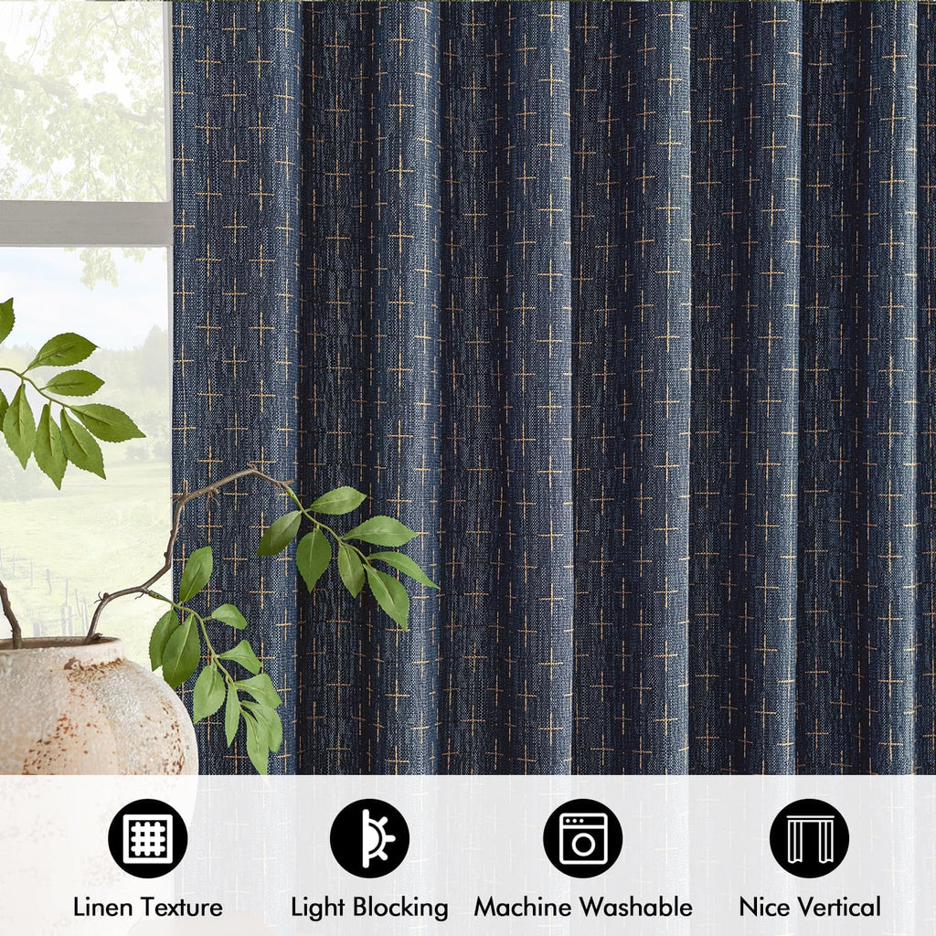 MIULEE Patterned Farmhouse Linen Curtains, Back Tab, 52Wx84L, Blue