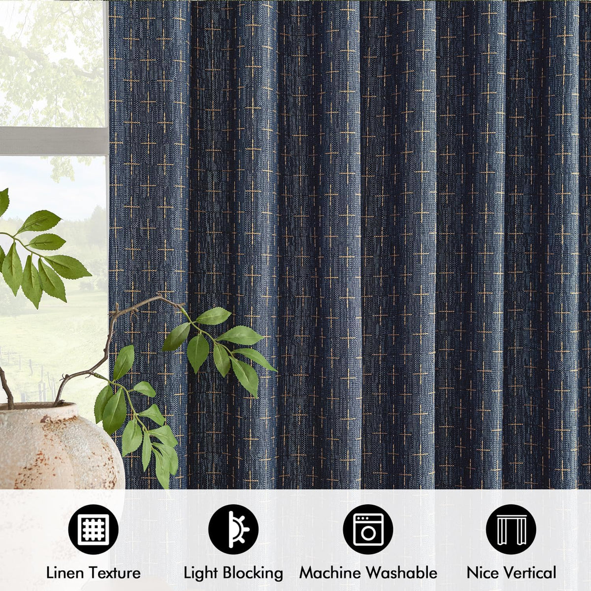 MIULEE Patterned Farmhouse Linen Curtains, Back Tab, 52Wx84L, Blue
