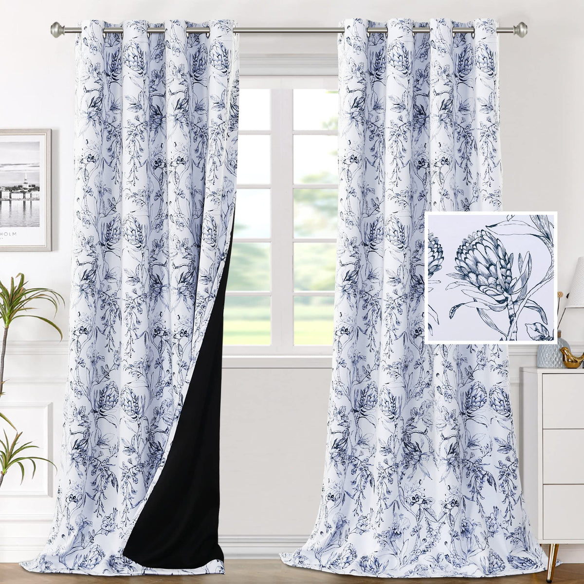 H.VERSAILTEX 100% Blackout Curtains 84 inch Length 2 Panels Set Cattleya Floral Printed Drapes Leah Floral Thermal Curtains for Bedroom with Black Liner Sound Proof Curtains, Grey and Taupe
