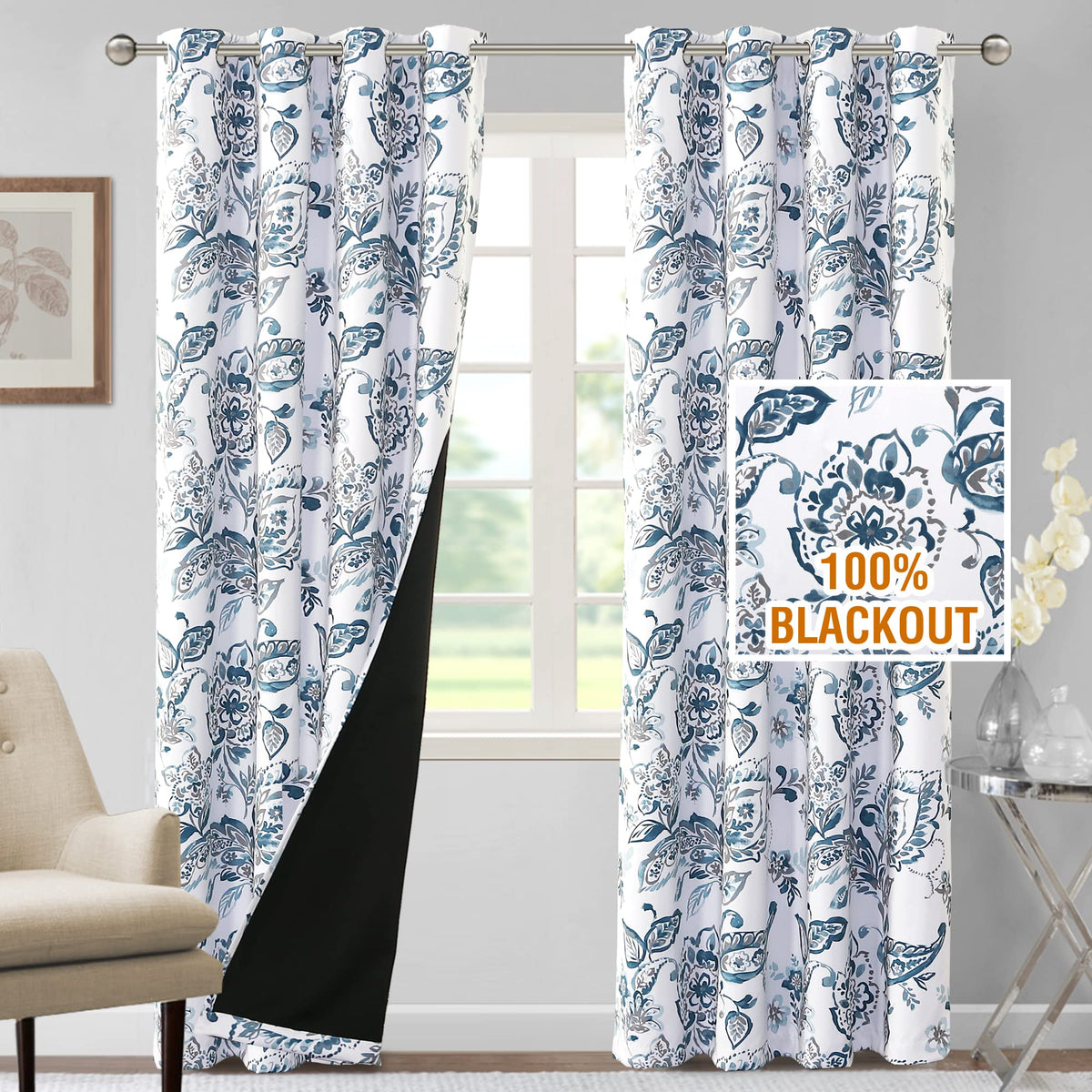 H.VERSAILTEX 100% Blackout Curtains 84 inch Length 2 Panels Set Cattleya Floral Printed Drapes Leah Floral Thermal Curtains for Bedroom with Black Liner Sound Proof Curtains, Grey and Taupe