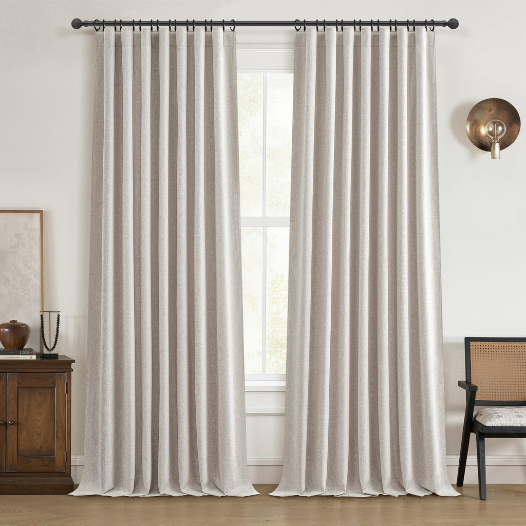 100% Blackout Curtains 84 Inch Length 2 Panels Set Farmhouse Style for Bedroom Windows/Living Room Thermal Insulated Neutral Boho Drapes Linen Blend Natural Ivory 7ft Long Hook Belt Pleated/Back Tab