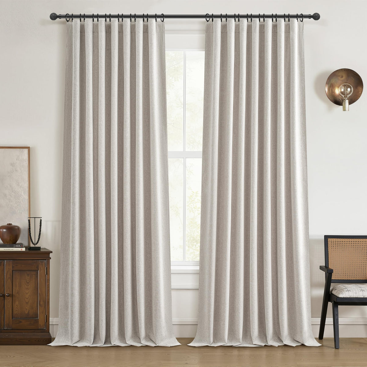 100% Blackout Curtains 84 Inch Length 2 Panels Set Farmhouse Style for Bedroom Windows/Living Room Thermal Insulated Neutral Boho Drapes Linen Blend Natural Ivory 7ft Long Hook Belt Pleated/Back Tab