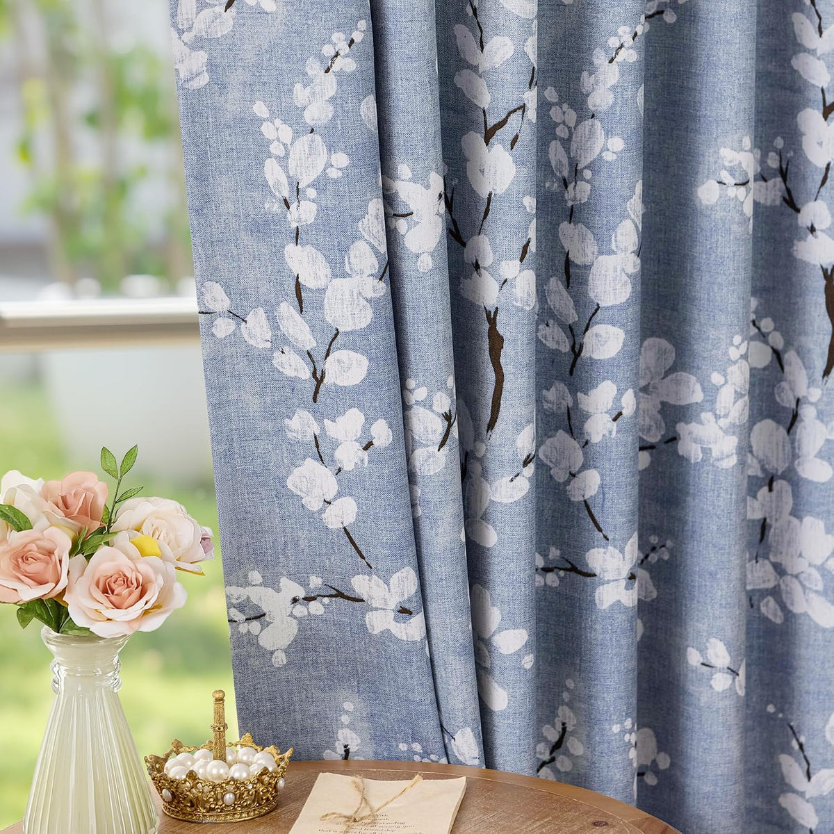 FMFUNCTEX Blue Blackout Floral Curtains, Bedroom, 100X84 Inches, 1 Panel