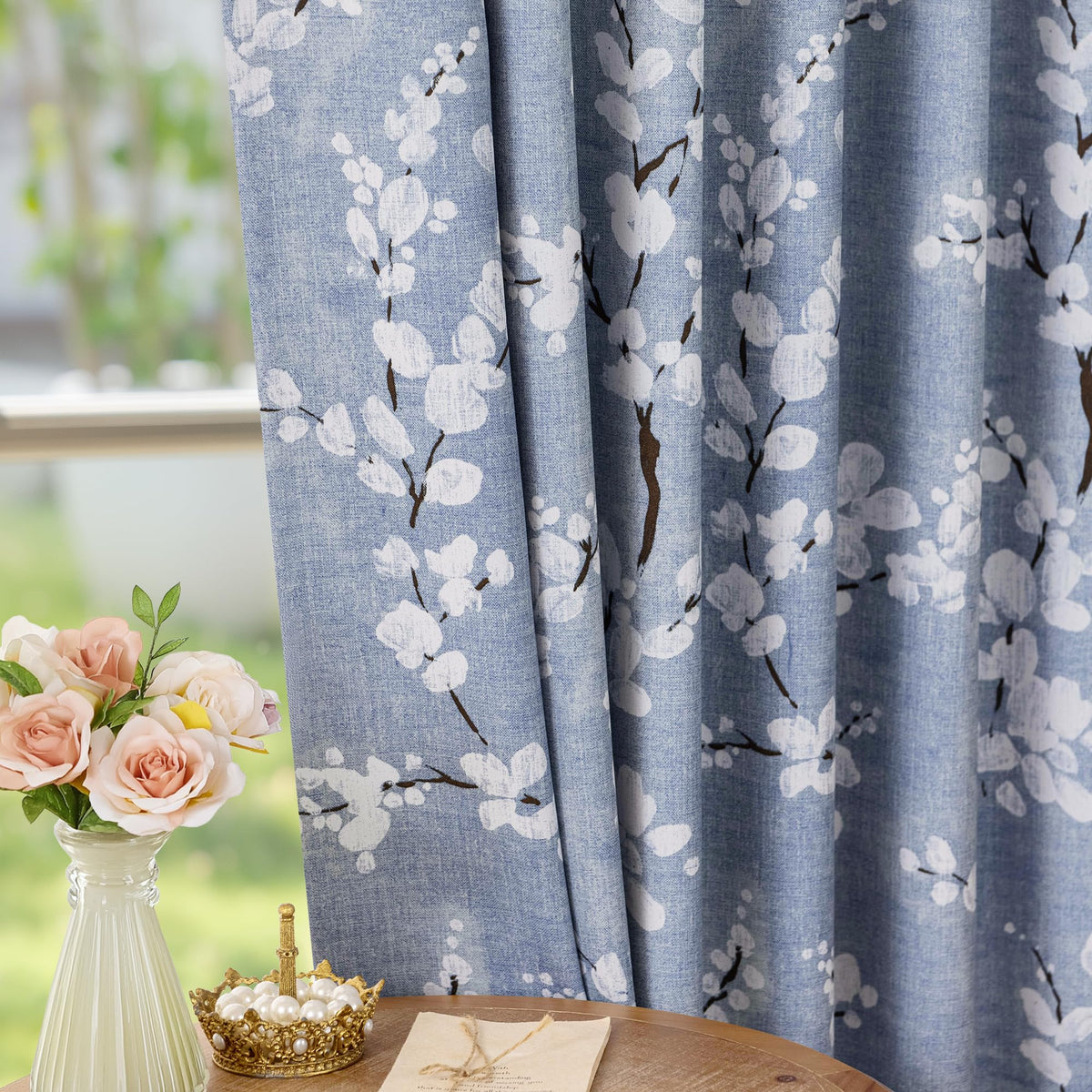 FMFUNCTEX Blue Blackout Floral Curtains, Bedroom, 100X84 Inches, 1 Panel