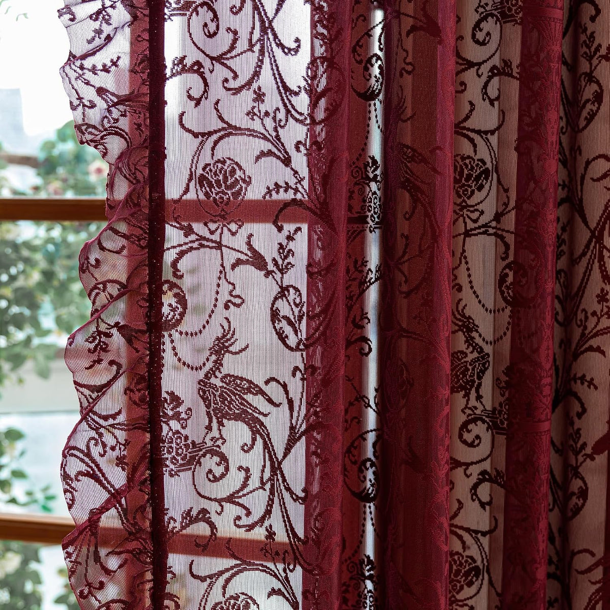 TUDECO Lace Maroon Curtains 96 Inches Long 1 Pair - French Floral Sheer Burgundy Curtains for Living Room, Art Decor Rod Pocket Ruffled Edges Dark Wine Red Drapes, 59 x 96 Inch, Burgundy