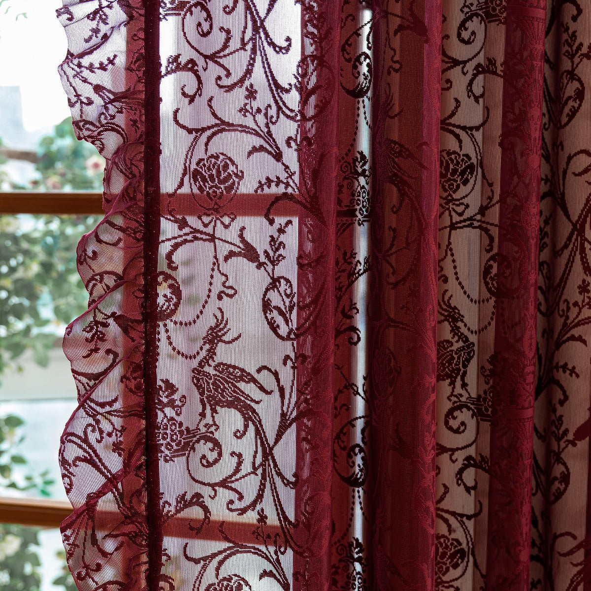 TUDECO Lace Maroon Curtains 96 Inches Long 1 Pair - French Floral Sheer Burgundy Curtains for Living Room, Art Decor Rod Pocket Ruffled Edges Dark Wine Red Drapes, 59 x 96 Inch, Burgundy