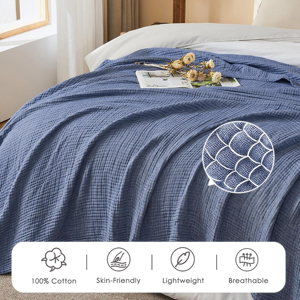 EMME Muslin Cotton Blanket Adults Heather Navy Throw XL 50"x70"