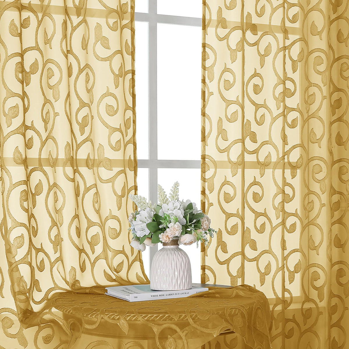 OWENIE Furman Ivory Sheer Curtains 84 inches Long for Bedroom Living Room 2 Panels Set, Jacquard Clip Light Filtering Semi Sheer Curtain Rod Pocket Window Drapes, 2 Pcs Each 40 W 84 L