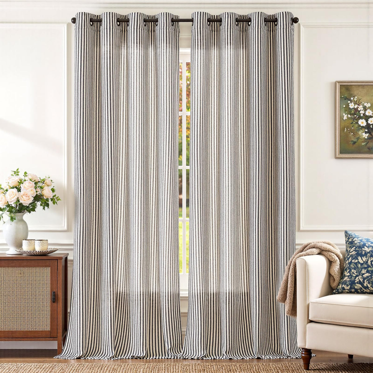 jinchan Linen Curtains 84 Inch Taupe Grey Stripe on Beige Grommet 2 Panels