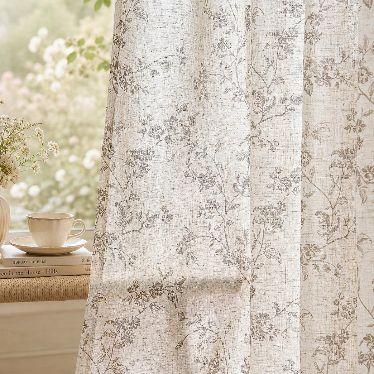 jinchan Taupe Floral Linen Curtains 84 Inch Farmhouse Back Tab 2 Panels