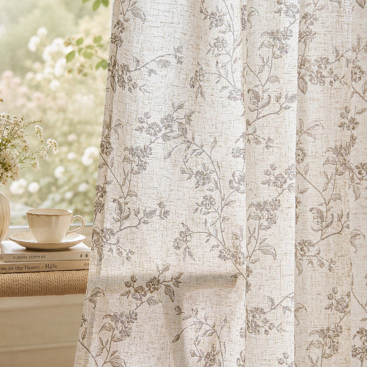 jinchan Taupe Floral Linen Curtains 84 Inch Farmhouse Back Tab 2 Panels