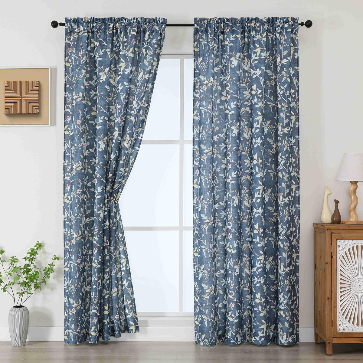 Chyhomenyc Roman Linen Blend Curtains 45 Inch Length 2 Panels, Light Filtering Soft Airy Leaf Floral Printed Rod Pocket Textured Window Treatment Drapes for Living Room Bedroom, 38Wx45L Inch, 2 PCS