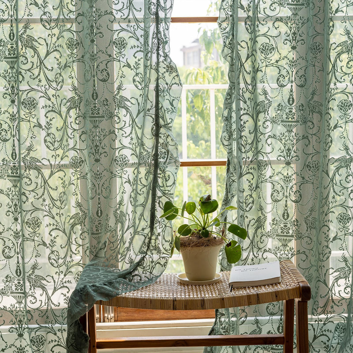 TUDECO Lace Maroon Curtains 96 Inches Long 1 Pair - French Floral Sheer Burgundy Curtains for Living Room, Art Decor Rod Pocket Ruffled Edges Dark Wine Red Drapes, 59 x 96 Inch, Burgundy