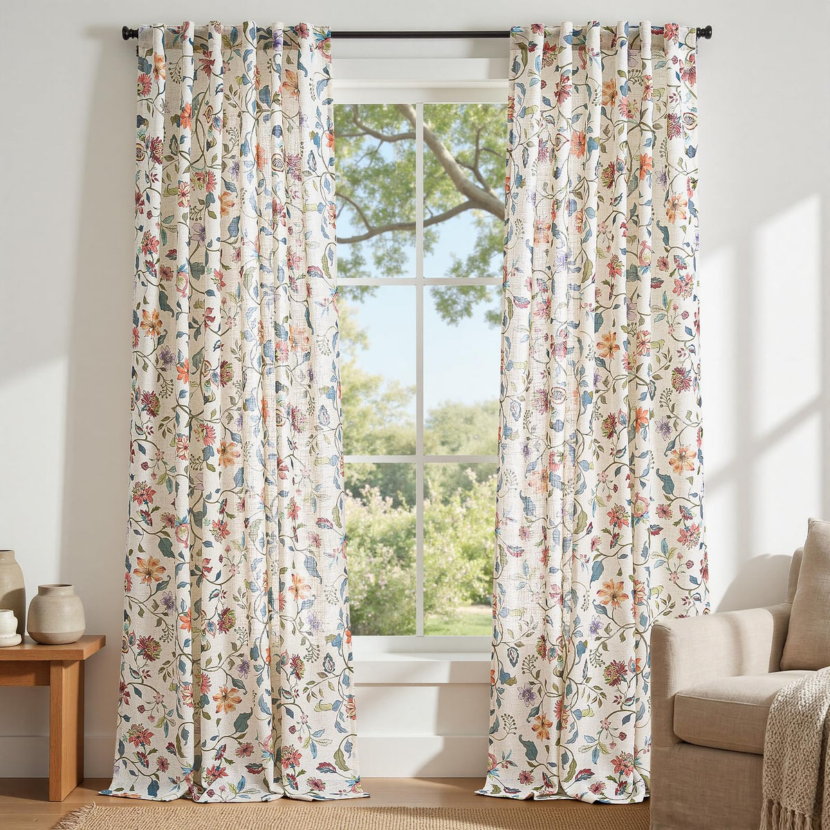 jinchan Beige Floral Linen Curtains 84 Inch Farmhouse Back Tab 2 Panels