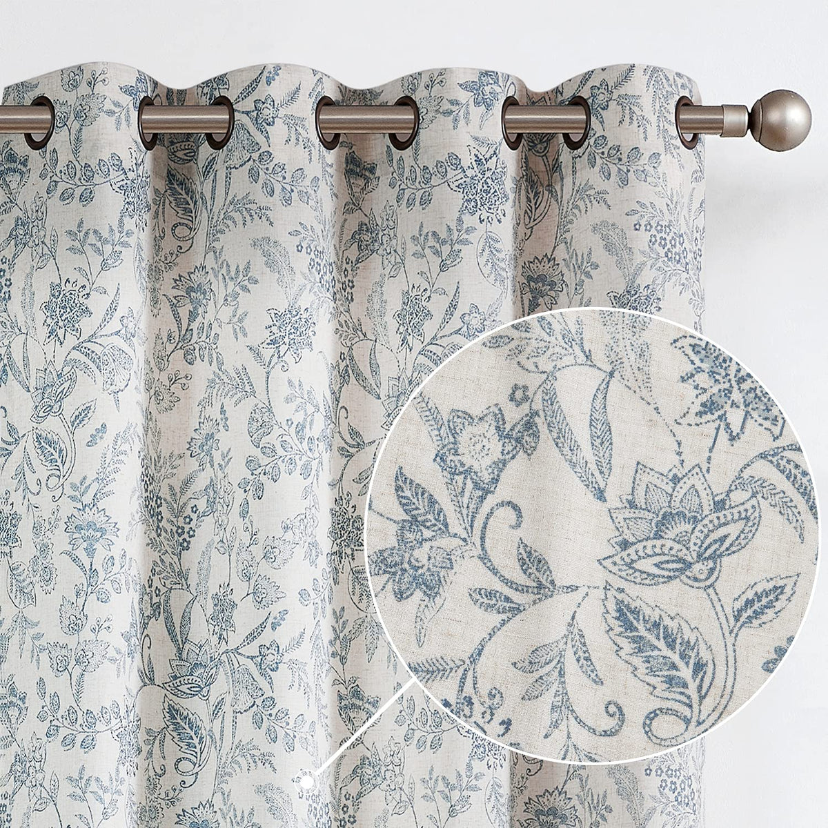 Lazzzy Grey Floral Linen Curtains Farmhouse Grommet Top 50W X 63L 2 Panels