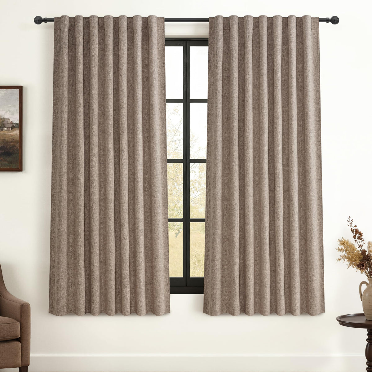 100% Blackout Curtains 84 Inch Length 2 Panels Set Farmhouse Style for Bedroom Windows/Living Room Thermal Insulated Neutral Boho Drapes Linen Blend Natural Ivory 7ft Long Hook Belt Pleated/Back Tab