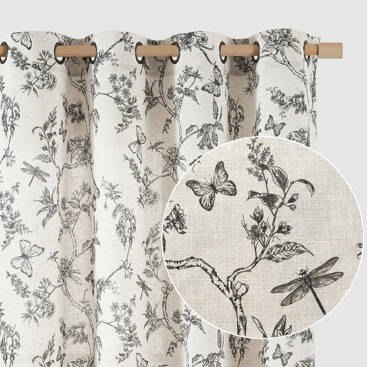 Lazzzy Grey Floral Linen Curtains Farmhouse Grommet Top 50W X 63L 2 Panels
