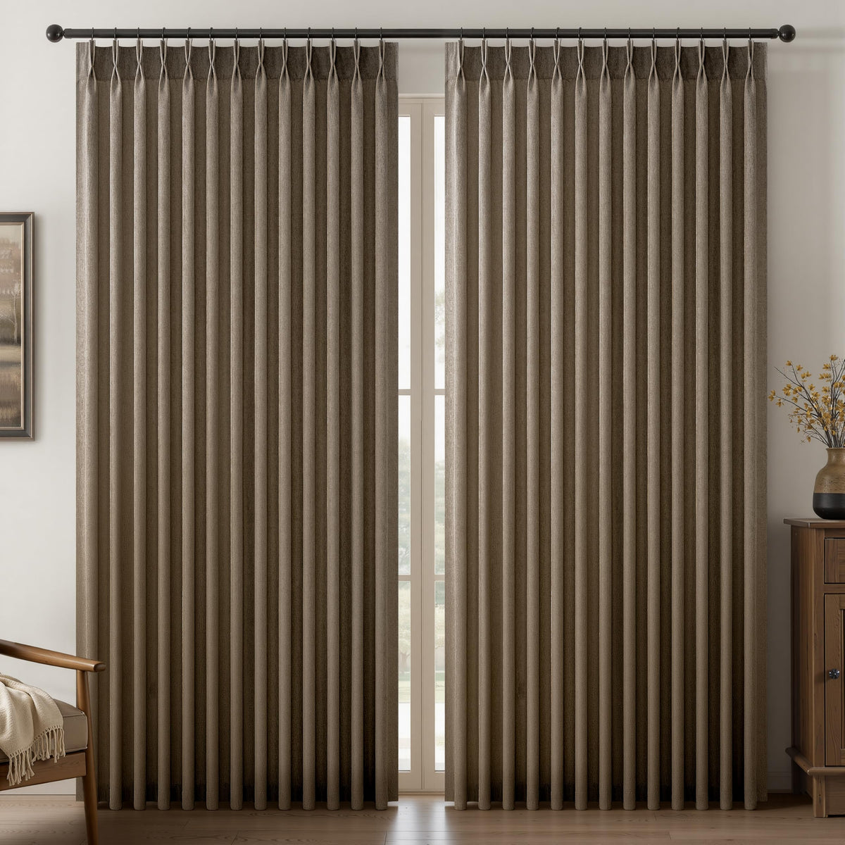 96 Inches Long Pinch Pleated Semi Sheer Curtains,Natural Linen Blended Light Filtering Window Curtains 96 Length for Living Room Bedroom Pinch Pleat Drapes with Hooks 2 Panels 72" Wx96 L