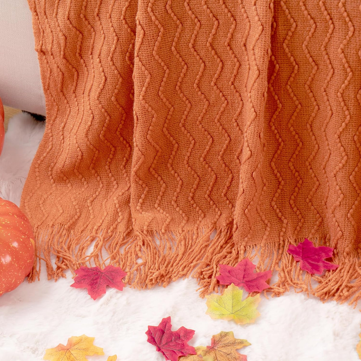 BATTILO HOME Burnt Orange Throw Blanket for Couch, Decorative Fall Throw Blanket with Tassels Halloween Throw Fall Decor, 50"x60"