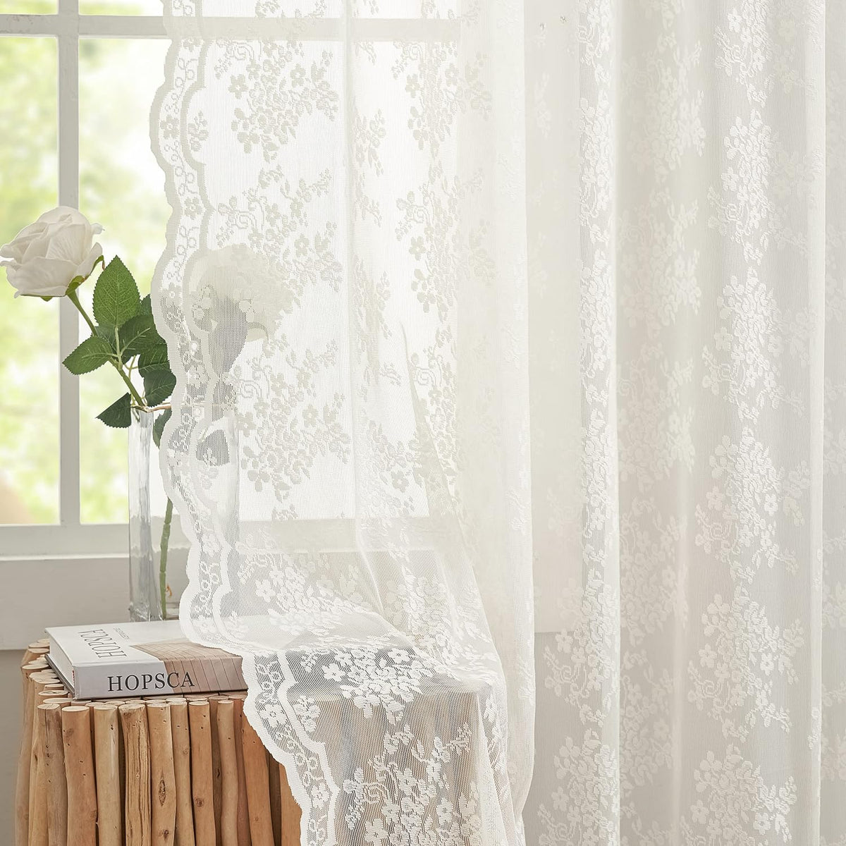YJ YANJUN Vintage Lace Curtains 84 Inches Long-Victorian Floral Pattern Ivory Sheer Curtain Panels for Living Room Bedroom French Door, Light Filtering Drapes, 2 Panels 52W x 84L Cream