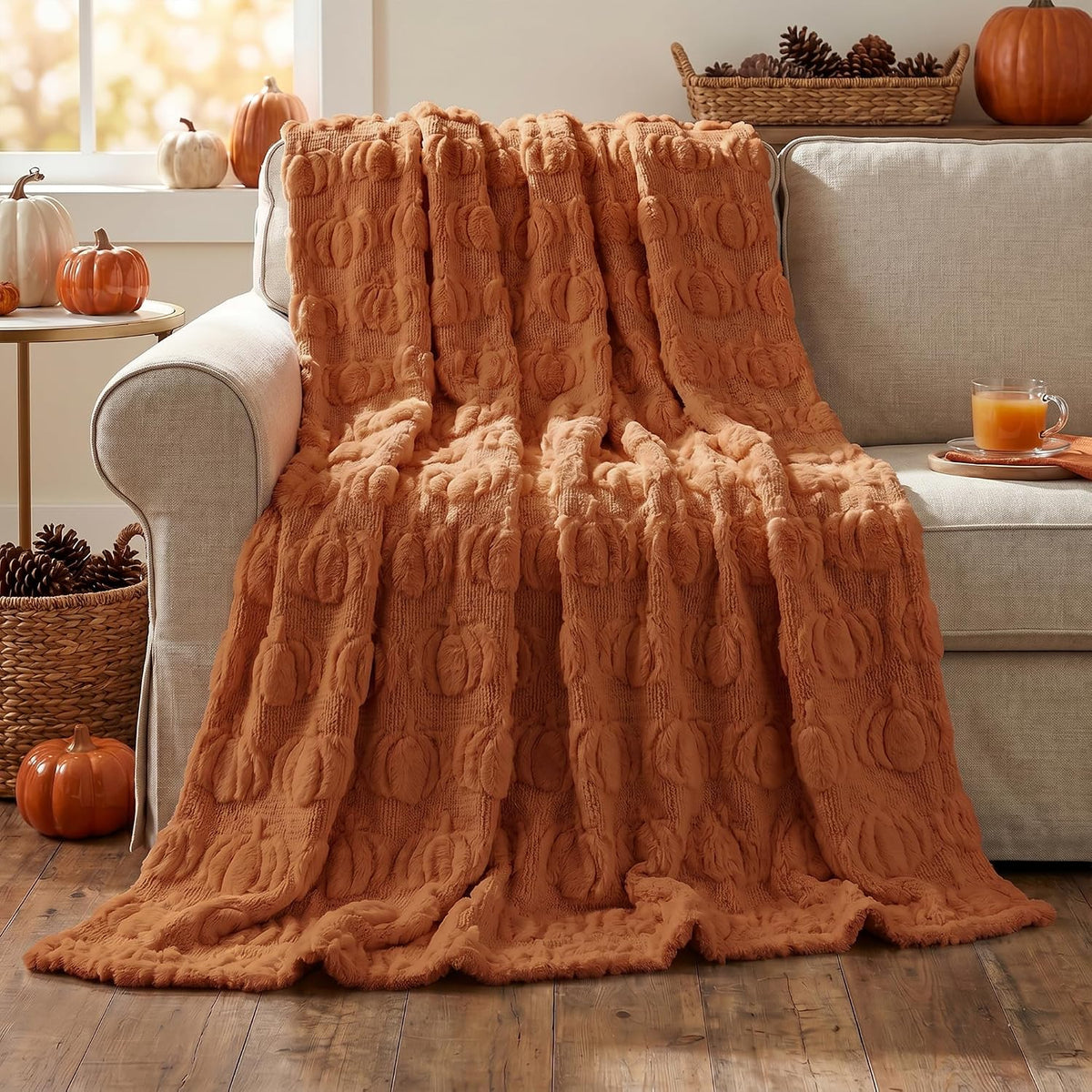 Horaldaily Fall Caramel Orange Pumpkin Faux Fur Throw Blanket 50x60