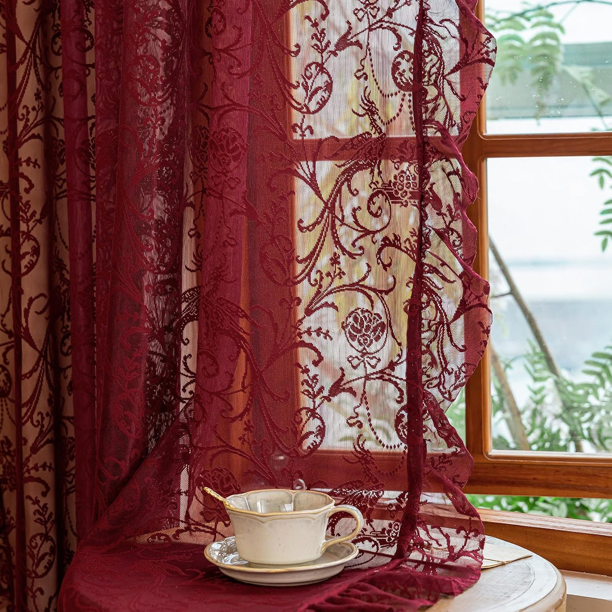 TUDECO Lace Maroon Curtains 96 Inches Long 1 Pair - French Floral Sheer Burgundy Curtains for Living Room, Art Decor Rod Pocket Ruffled Edges Dark Wine Red Drapes, 59 x 96 Inch, Burgundy