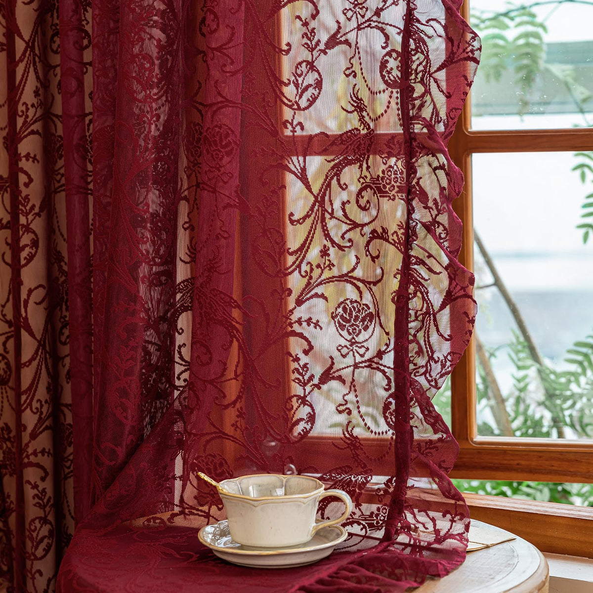TUDECO Lace Maroon Curtains 96 Inches Long 1 Pair - French Floral Sheer Burgundy Curtains for Living Room, Art Decor Rod Pocket Ruffled Edges Dark Wine Red Drapes, 59 x 96 Inch, Burgundy