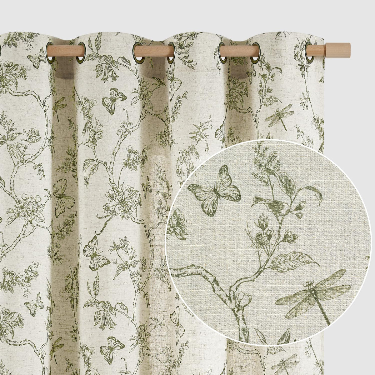 Lazzzy Grey Floral Linen Curtains Farmhouse Grommet Top 50W X 63L 2 Panels
