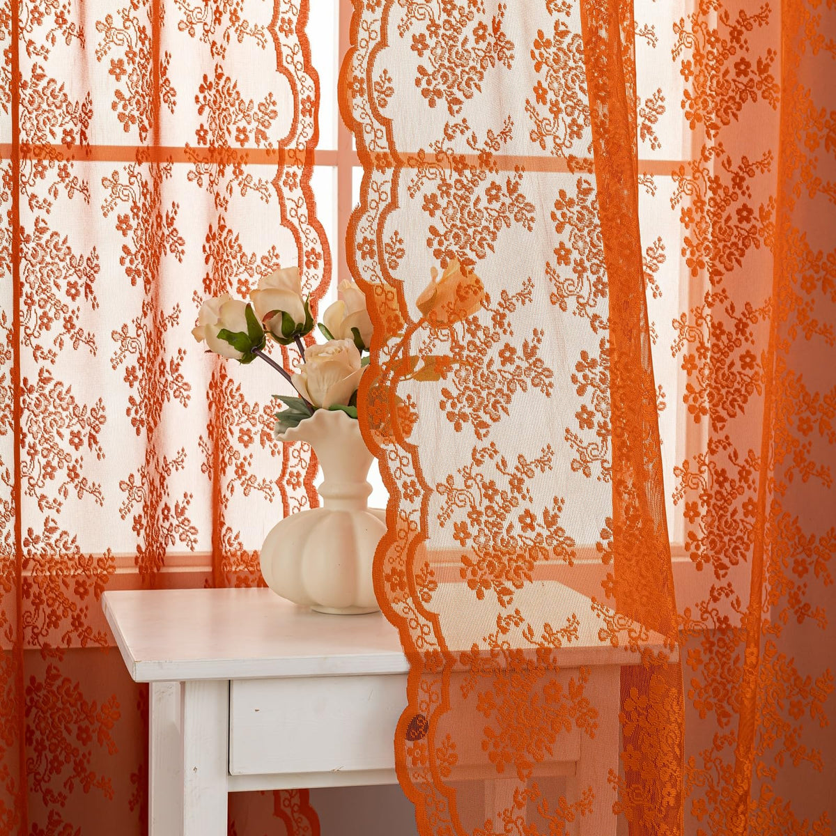 YJ YANJUN Vintage Lace Curtains 84 Inches Long-Victorian Floral Pattern Ivory Sheer Curtain Panels for Living Room Bedroom French Door, Light Filtering Drapes, 2 Panels 52W x 84L Cream