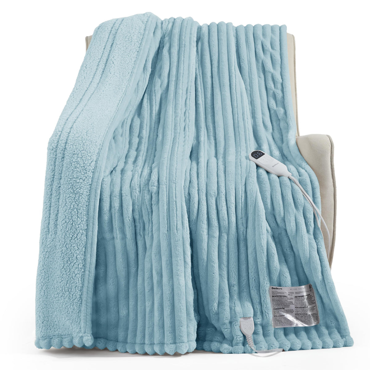 Bedsure Heated Blanket Electric Throw - Thick Striped Fast Heating Electric Blanket with Preheat Function, 6 Heat & 6 Timer (Up to 10H), 8H Auto Off, ETL Certified, Gifts for Women (50"x60", White)