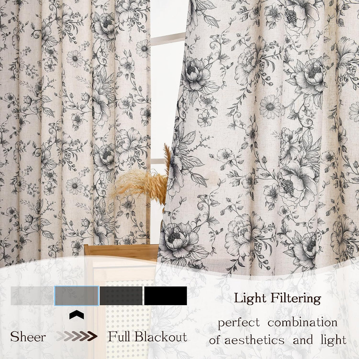 XWZO Floral Curtains for Living Room Linen Farmhouse Curtains 84 Inch Length Black Floral Patterned Curtain Peony Flower Printed Back Tab Curtain Bedroom Window Drapes 2 Panels