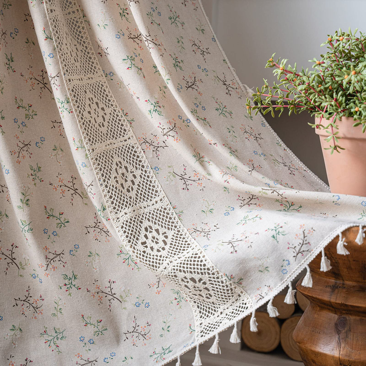 ENJOYBRIDAL Floral Curtains 84 Inch Long Living Room Boho Drapes Bedroom 2 Panels Semi Sheer Floor Length Window Curtain Panels Vintage Rod Pocket Tassel Farmhouse Nursery Window Treatments