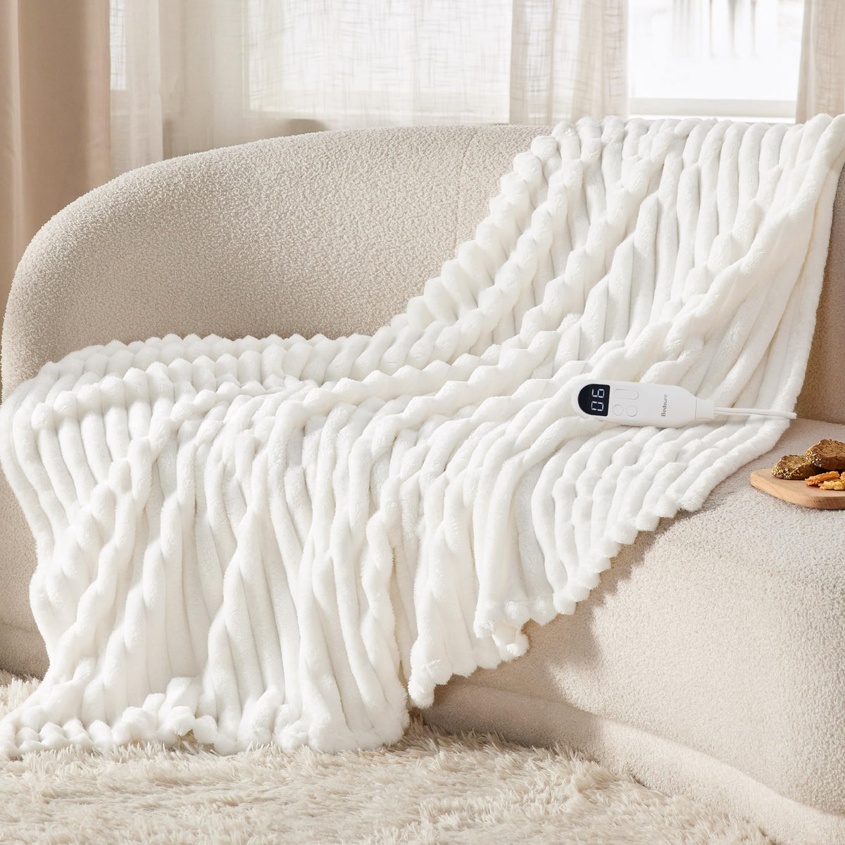 Bedsure Heated Blanket Electric Throw - Thick Striped Fast Heating Electric Blanket with Preheat Function, 6 Heat & 6 Timer (Up to 10H), 8H Auto Off, ETL Certified, Gifts for Women (50"x60", White)