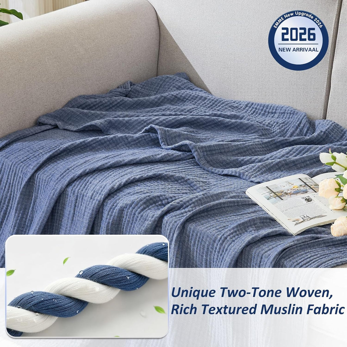 EMME Muslin Cotton Blanket Adults Heather Navy Throw XL 50"x70"