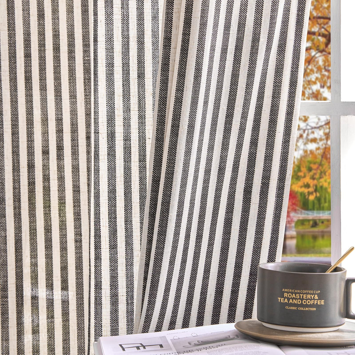 jinchan Linen Curtains 84 Inch Taupe Grey Stripe on Beige Grommet 2 Panels