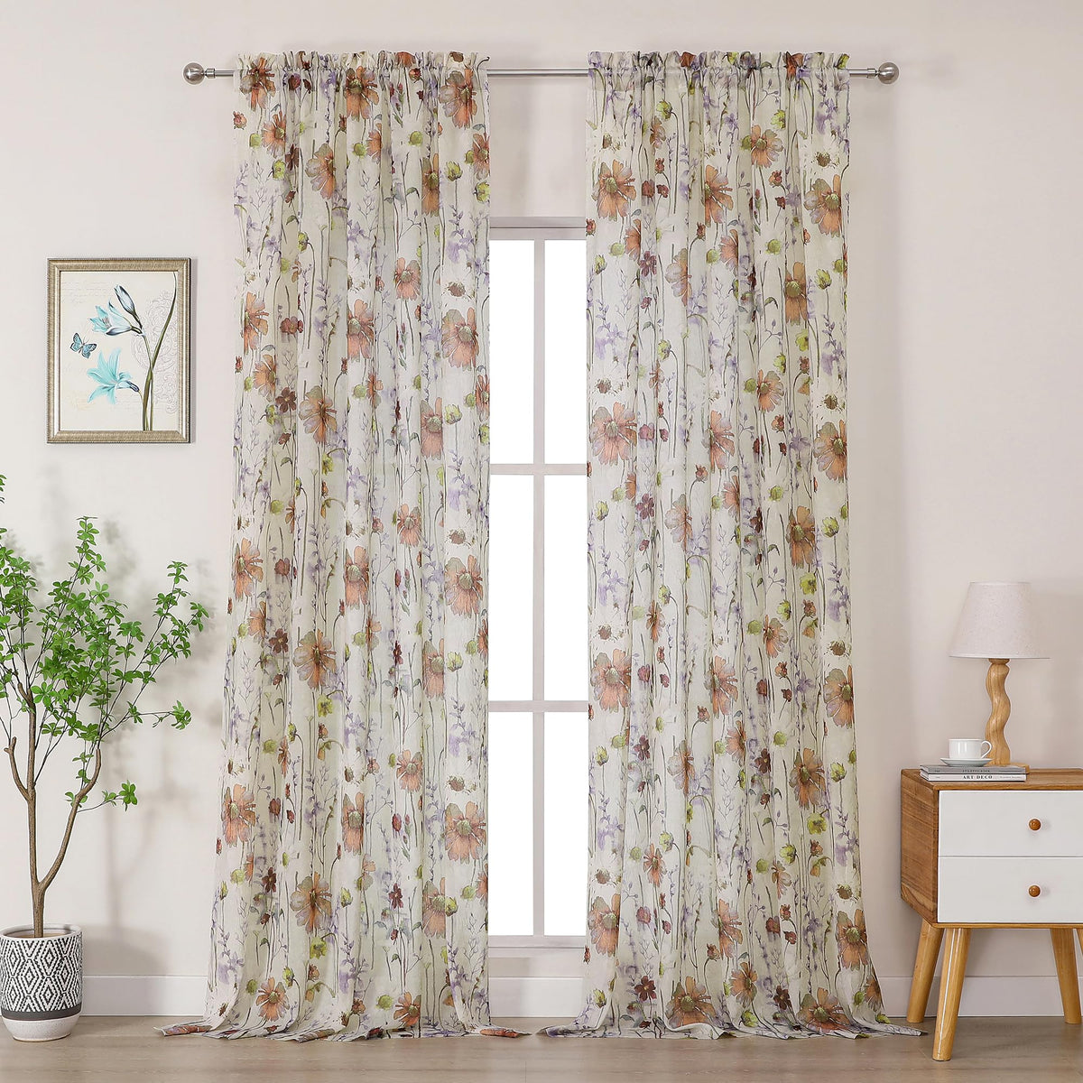 OWENIE Crushed Sheer Curtains 84 Inch Length 2 Panels Set, Sheer Floral Curtains Printed Drapes on Sheers for Living Room, Rod Pocket Light Filtering Window Sheers (2 Panels, 42" x 84")