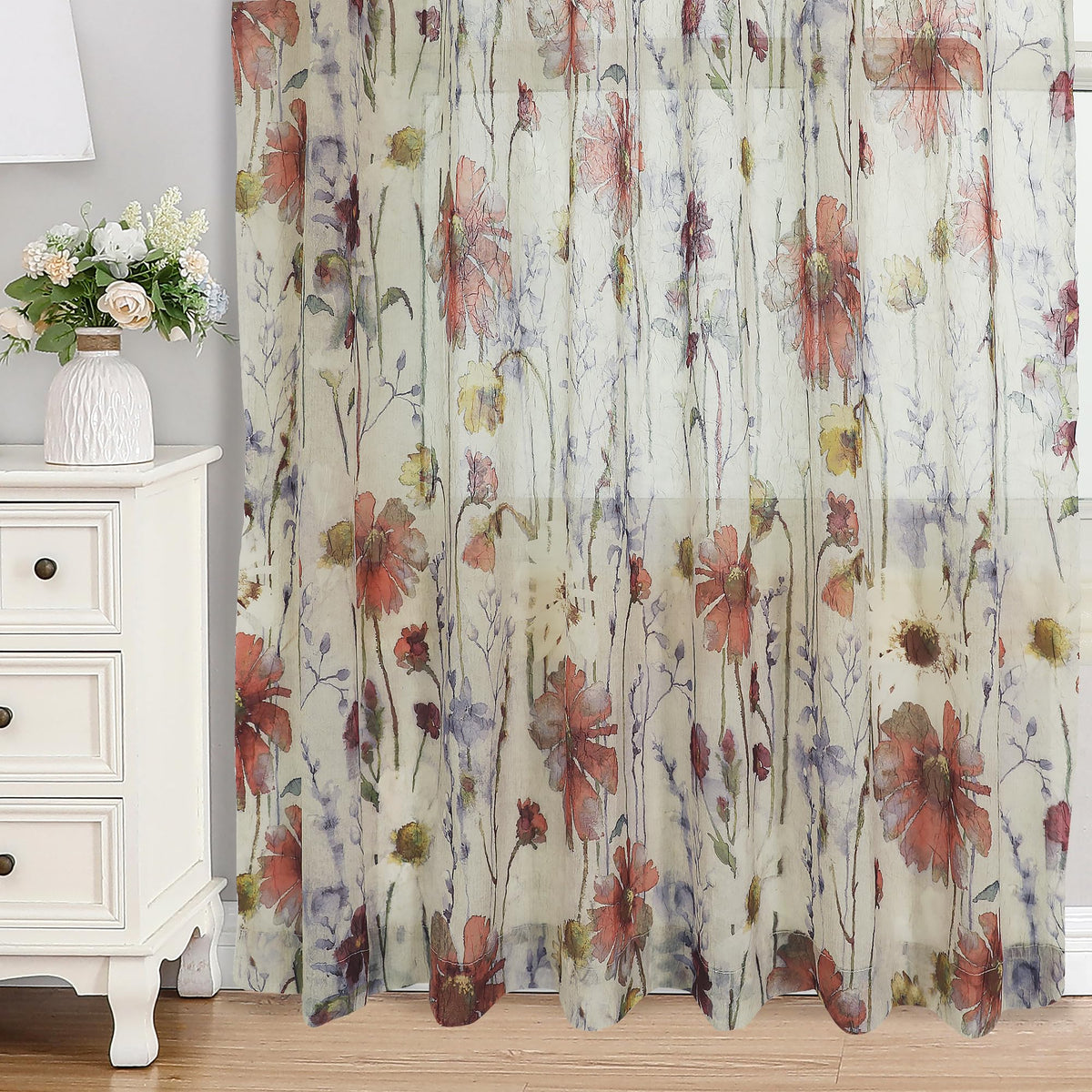 OWENIE Crushed Sheer Curtains 84 Inch Length 2 Panels Set, Sheer Floral Curtains Printed Drapes on Sheers for Living Room, Rod Pocket Light Filtering Window Sheers (2 Panels, 42" x 84")